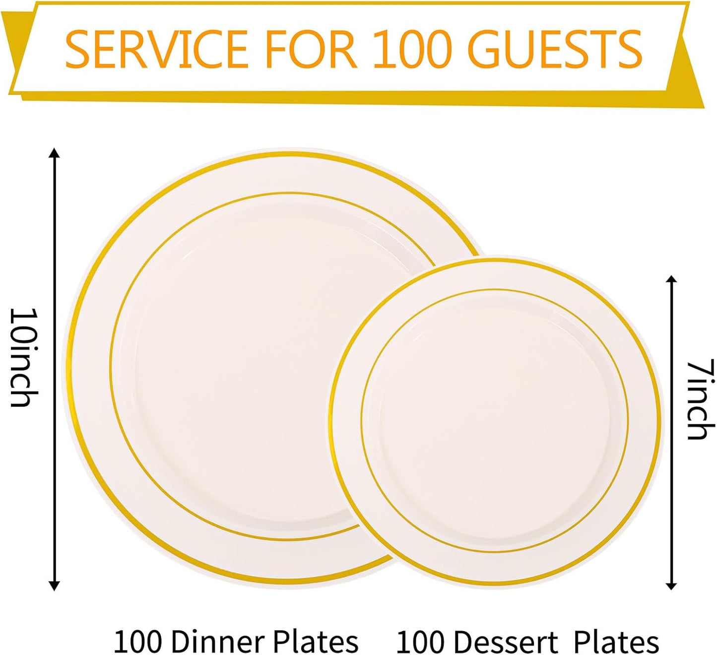 I00000 200 Pcs Gold and Ivory Plastic Plates, Ivory Disposable Party Plates Include 100 Dinner Plate 10’’ and 100 Plastic Dessert Plate 7’’ Perfect for Birthday, Party & Wedding