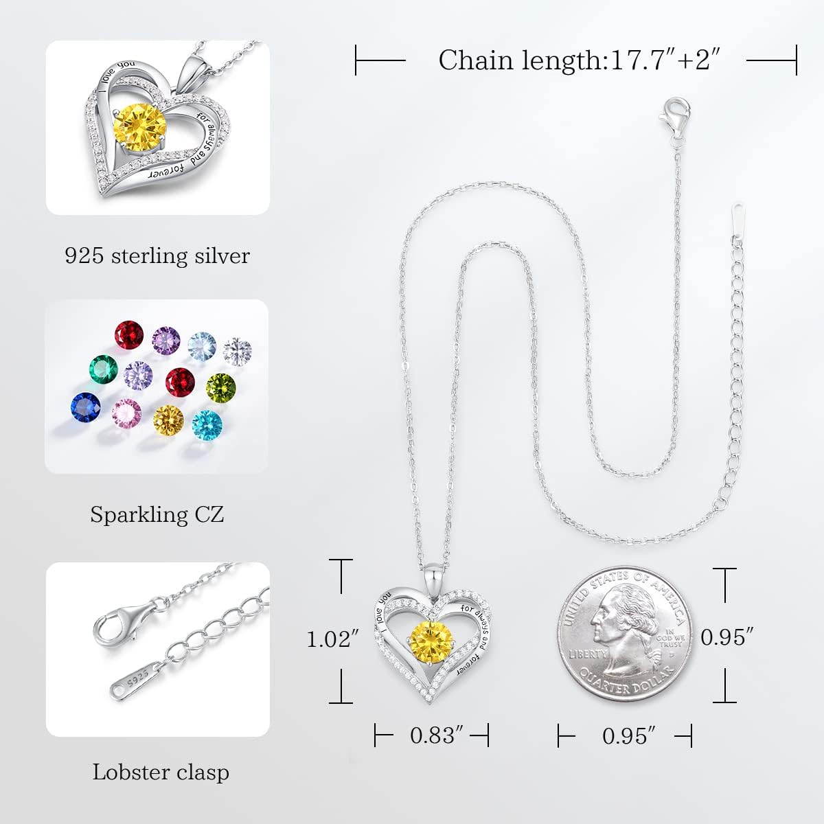 CDE Forever Love Heart Necklaces for Women, Wedding Anniversary, Birthday Mothers Day Christmas Day Gifts for Mom, Mother, Wife, friend, S925 Silver Jewelry with Birthstone Pendant
