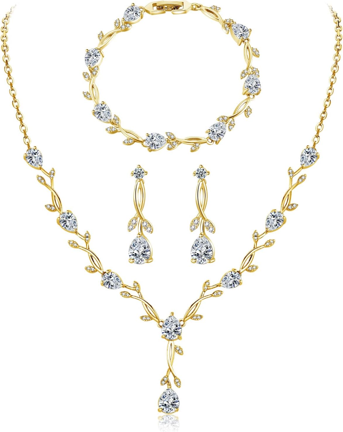 Hadskiss Jewelry Set for Women, Necklace Dangle Earrings Bracelet Set with White AAA Cubic Zirconia, Allergy Free Wedding Party Jewelry for Bridal Bridesmaid