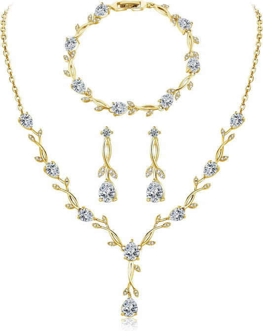Hadskiss Jewelry Set for Women, Necklace Dangle Earrings Bracelet Set with White AAA Cubic Zirconia, Allergy Free Wedding Party Jewelry for Bridal Bridesmaid
