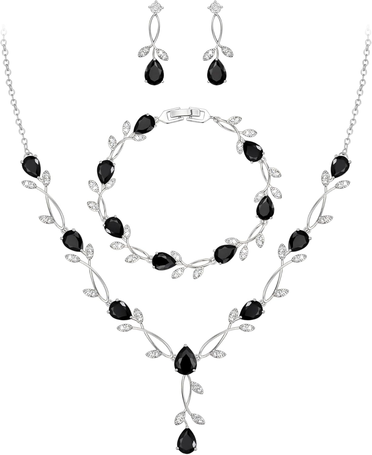 EVER FAITH Bridal Cubic Zirconia Jewelry Sets for Women, White Simulated Pearl Leaf Vine Pendant Wedding Party Necklace Earrings Set for Bridesmaid Bride