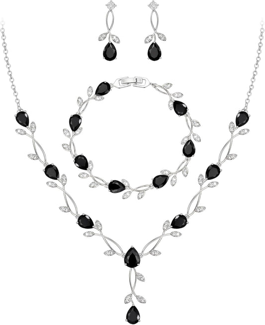 EVER FAITH Bridal Cubic Zirconia Jewelry Sets for Women, White Simulated Pearl Leaf Vine Pendant Wedding Party Necklace Earrings Set for Bridesmaid Bride