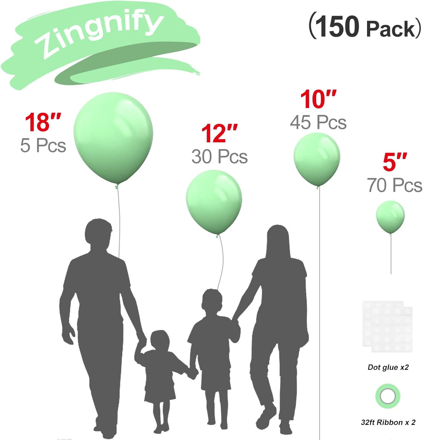 Pastel Makani Green Balloons, 150 pcs Different Sizes Pack of 18 Inch 12 Inch 10 Inch 5 Inch Mint Green Balloons for Balloon Garland Balloon Arch as Birthday Party Wedding Decorations