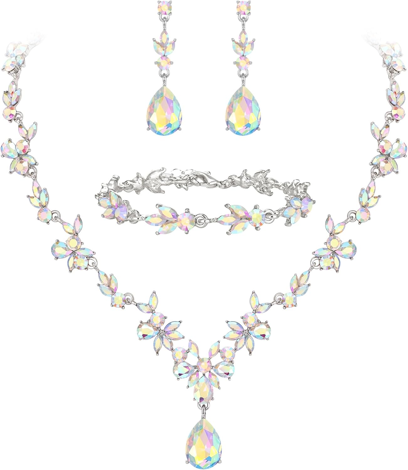 BriLove Wedding Jewelry Set for Women Bride, Y-Necklace Tennis Bracelet Dangle Earrings Crystal Teardrop Marquise Cluster for Bridal Bridesmaid