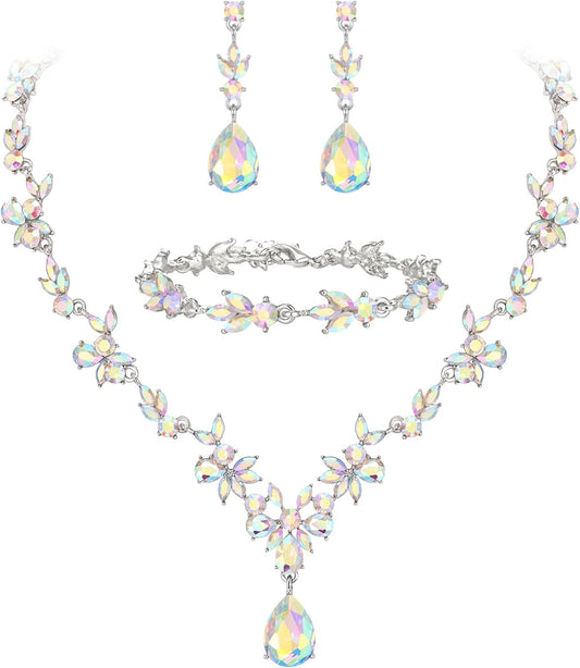 BriLove Wedding Jewelry Set for Women Bride, Y-Necklace Tennis Bracelet Dangle Earrings Crystal Teardrop Marquise Cluster for Bridal Bridesmaid