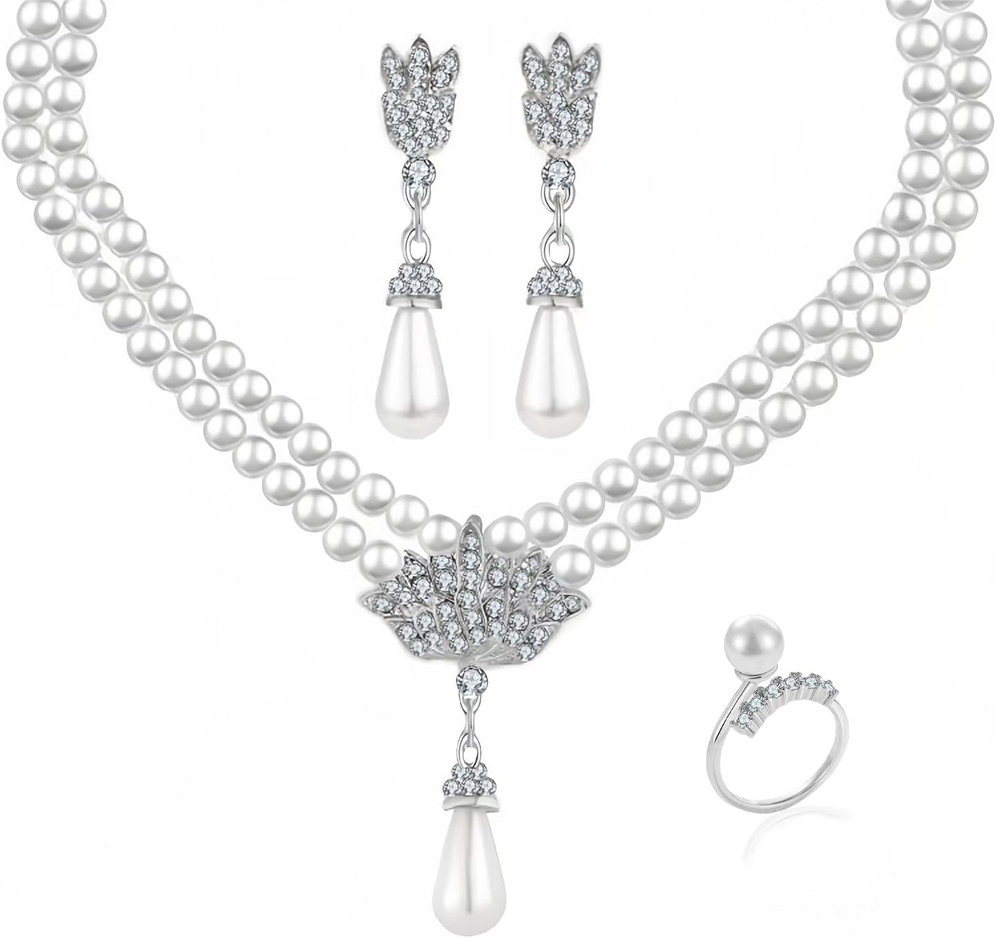 la luen Pearl Bride Wedding Jewelry Set Faux Pearls Crystal Rhinestone Necklace Earrings Bracelet Sets for Women Bridesmaid(3 PCS)