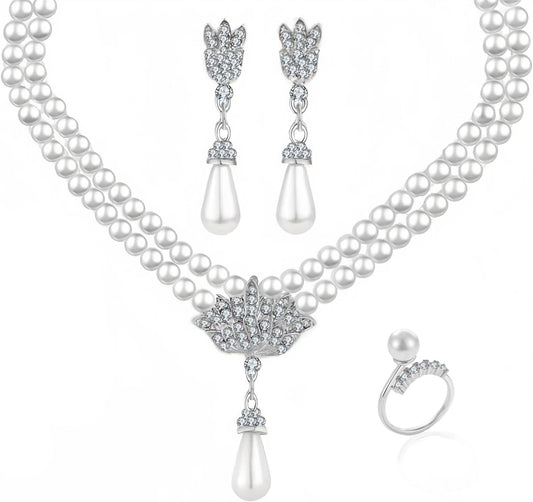 la luen Pearl Bride Wedding Jewelry Set Faux Pearls Crystal Rhinestone Necklace Earrings Bracelet Sets for Women Bridesmaid(3 PCS)