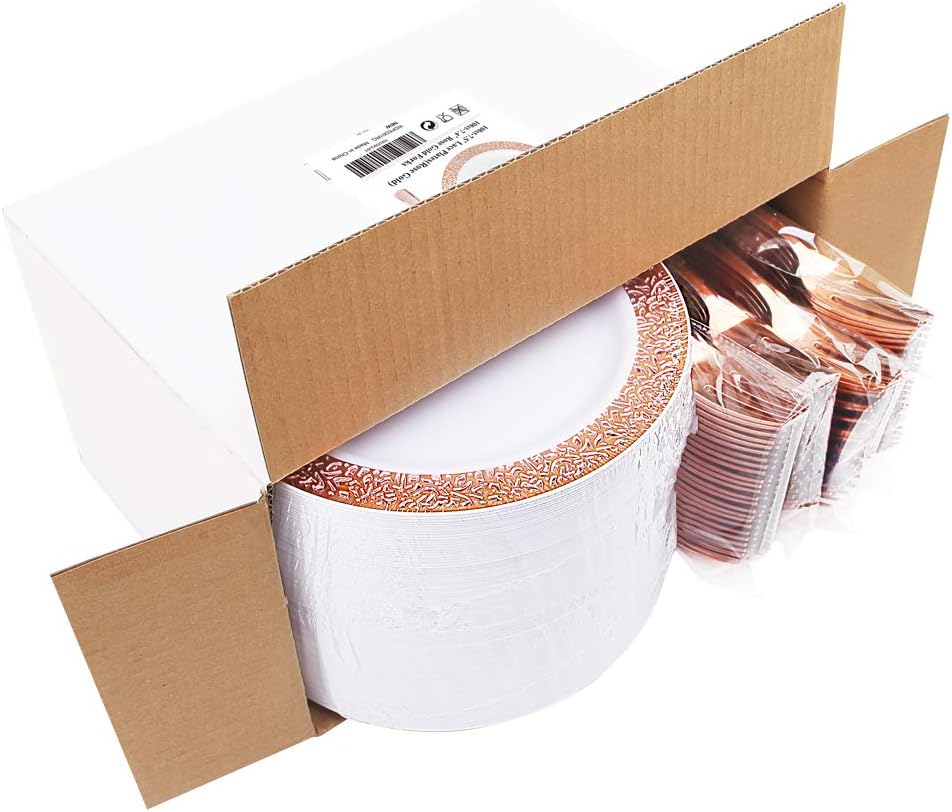 WDF 200 Pieces Rose Gold Dessert Plates with Forks, 100Pcs Lace Design Cake Small Rose Gold Appetizer Plates 7.5" and 100 Pcs Forks 7.4" for Wedding/Party