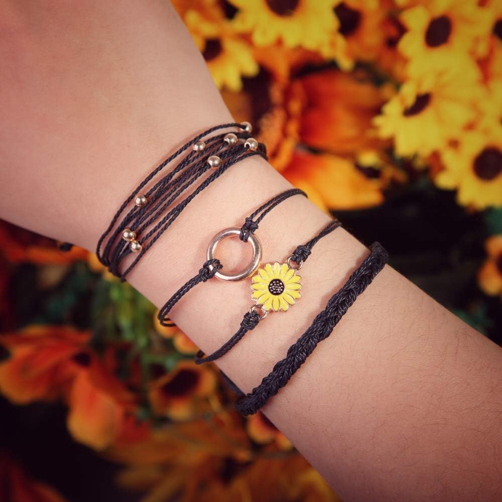 FANCY SHINY Sunflower String Bracelet Boho Braided Rope Wrap Bracelets Cute Summer Beach Surfer Jewelry for Women Christmas Gifts