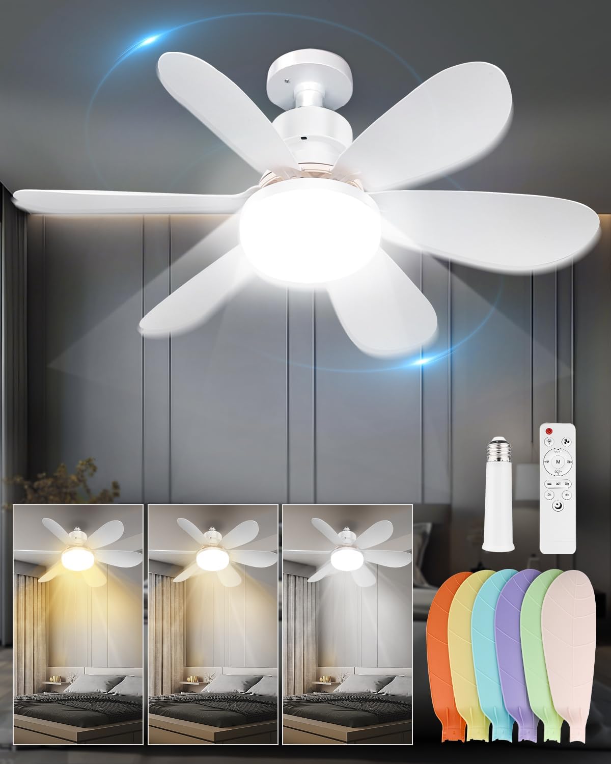 Socket Ceiling Fans with Lights and Remote, Dimmable LED Socket Fan Light, 3 Colors 3000K-6500K, 1700 Lumen, E26/27 Light Bulb Screw in Ceiling Fan for Bedroom, Kitchen, Living Room, Garage