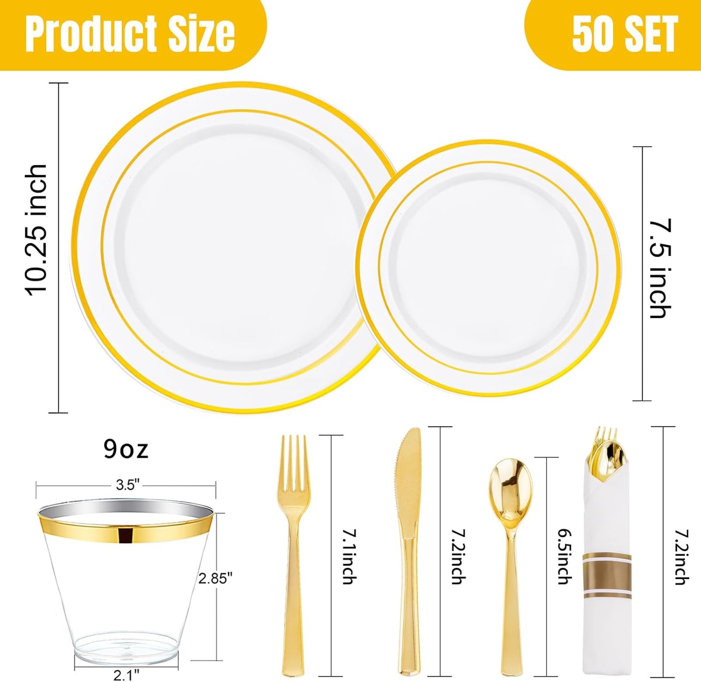 WELLIFE 350Pcs Gold Plastic Plates for 50 Guests - Plastic Dinnerware Set, Includes 100 Party Plates,150 Gold Silverware Disposable,50 Napkins,50 Cups,Disposable Plates for Party and Thanksgiving