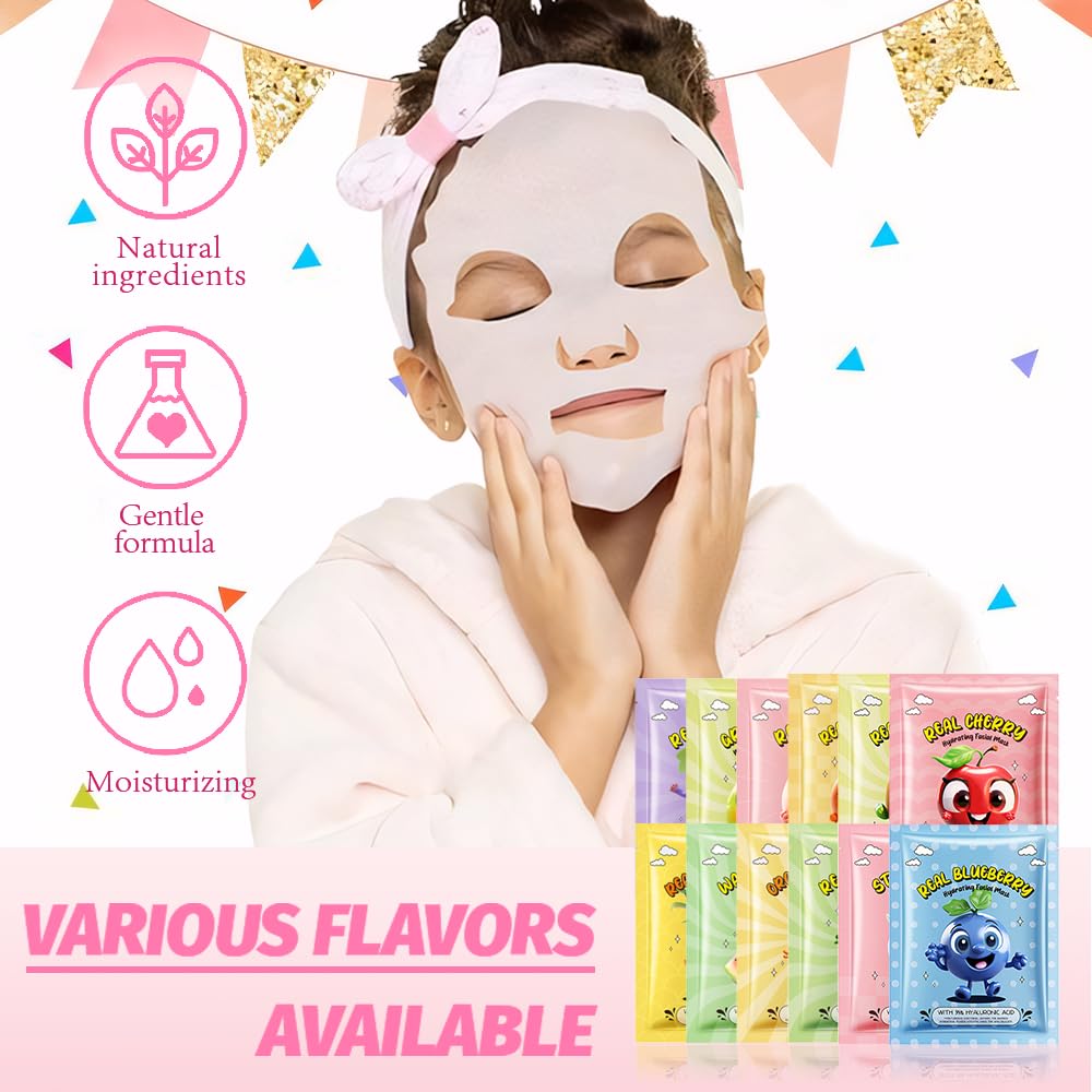 Kaely 40 Pack Bulk Face Masks for Kids, Kids Face Mask Spa Day Kit Supplies, Spa Party Favors for Teens Girls Women, Sheet Facial Mask Skincare Gifts Set, Moisturize Soothe for All Skin Types, 01