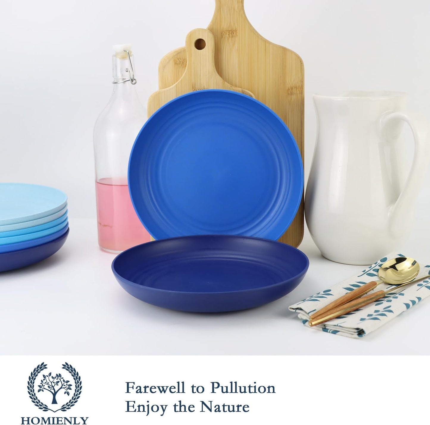 Homienly Wheat Straw Salad & Dessert Plates Set - Unbreakable, Reusable, 8-10 inch, Blue Series