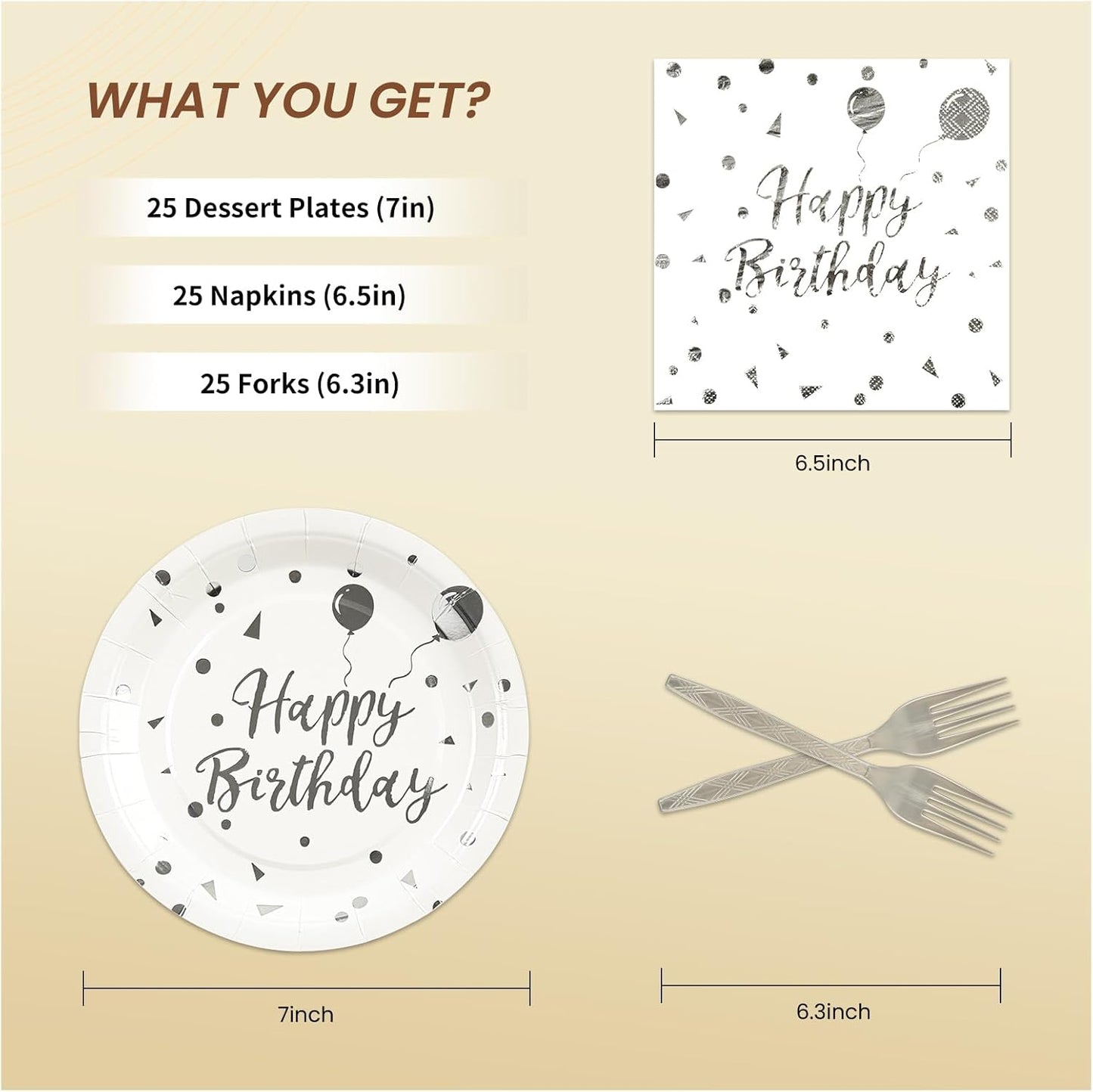 75PCS Happy Birthday Paper Plates - 7 Inch White Sliver Dot Paper Plates and 6.5 Inch Napkins with 6.3 Inch Sliver Forks Disposable Tableware Set for Birthday Party Decorations, Serve 25