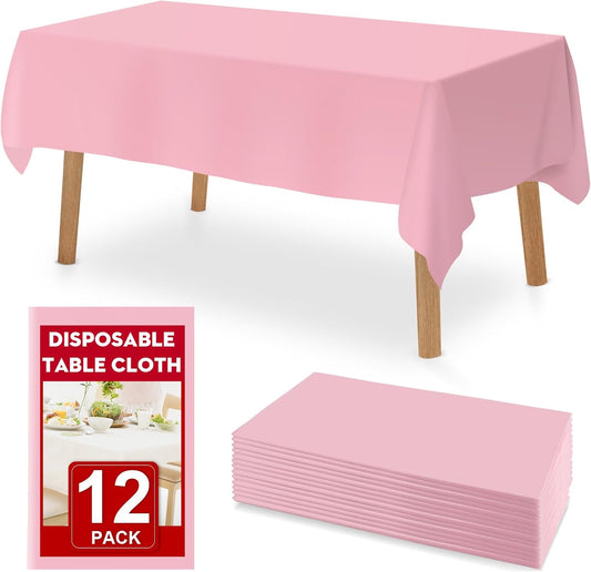 12 Pack Pink Plastic Table Cloths Disposable, 54 x 108 Inches Plastic Table Cover for Rectangle Tables, Disposable Tablecloth for Dinning, Parties, BBQ, Wedding, Outdoor