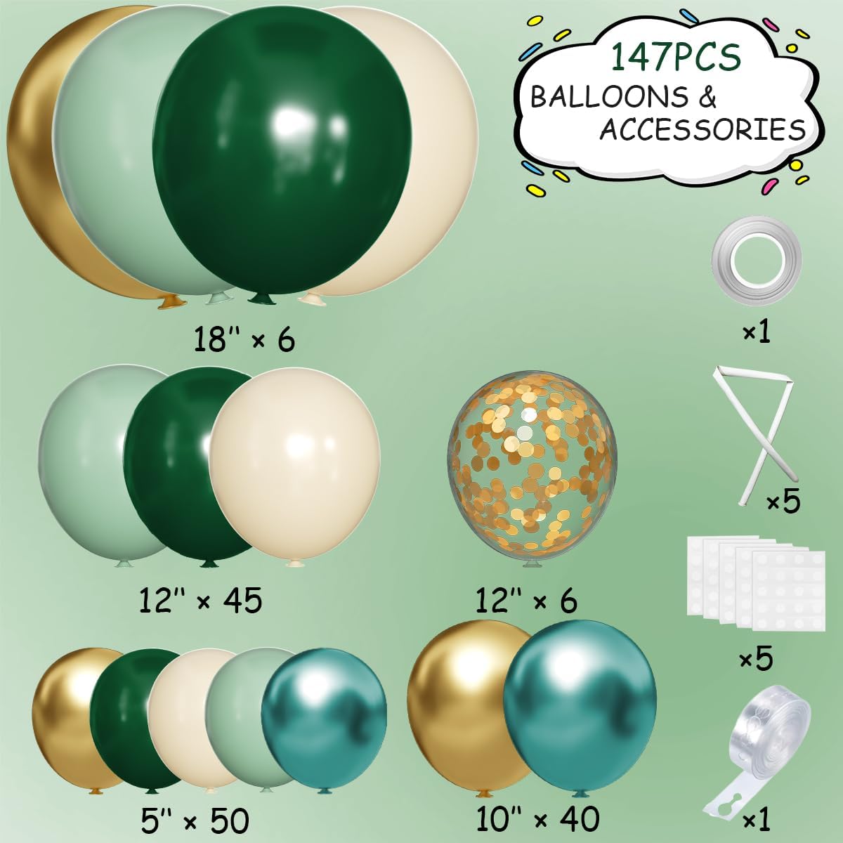 Green Gold White Balloon Arch Kit, 147PCS Dark Green Ivory Gold Metallic Pastel Green Balloons Garland for Birthday Wedding Baby Bridal Shower Party Decorations
