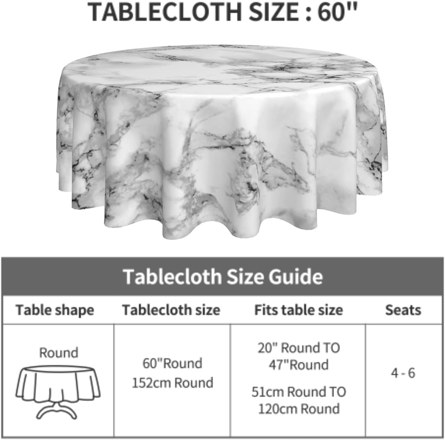 Giwawa White Marble Tablecloth Round 60 Inch, Black Grey Marbling Granite Surface Texture Decorative Table Cover for Kitchen Dinning Party, Waterproof Stain & Wrinkle Resistant
