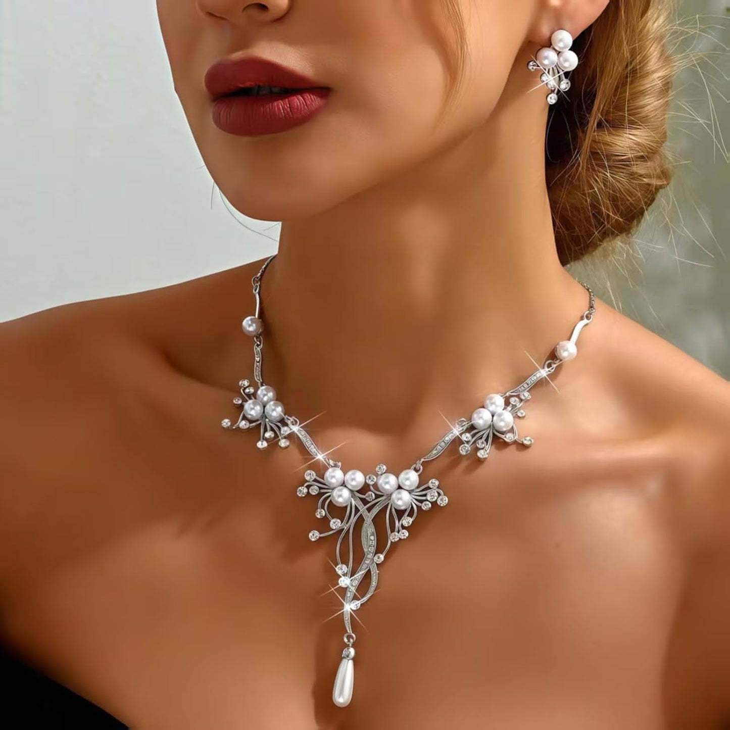 la luen Pearl Bride Wedding Jewelry Set Faux Pearls Crystal Rhinestone Necklace Earrings Bracelet Sets for Women Bridesmaid(3 PCS)