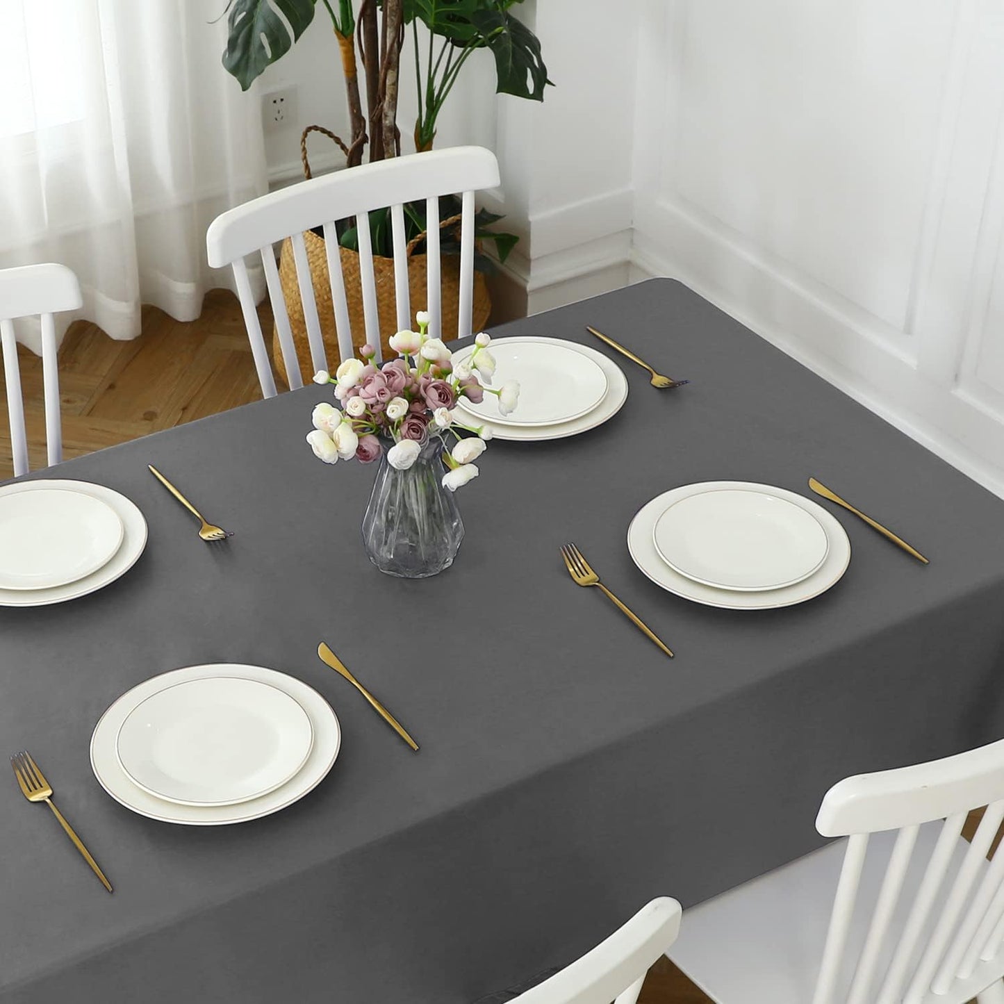 Romanstile 100% Waterproof PVC Tablecloth, Square Oil Spill Proof Stain Resistant Vinyl Table Cloth, Wipe Clean Plastic Table Covers for Kitchen/Dining/Parties - 54 x 54 Inch, Dark Grey