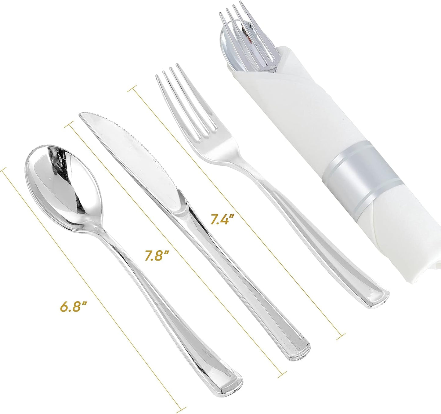 30 Pack Pre Rolled Silver Plastic Silverware, Disposable Cutlery Set- 30 Forks, 30 Spoons, 30 Knives, 30 Napkins, Disposable Heavy Duty Silverware Set for Dinner, Party, Wedding