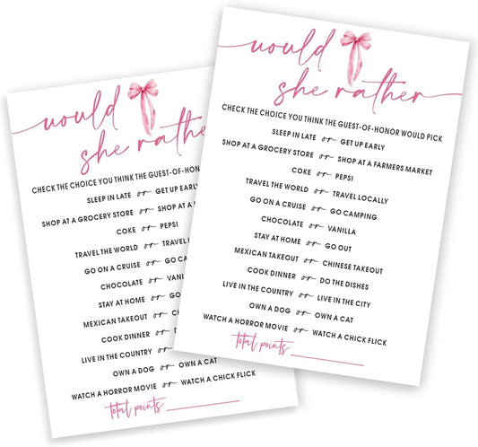 Wedding Shower Games Cards, Would She Rather Bridal Shower Game for 25 Guests, Engagement Party Wedding Games for Guests, Pink Ribbon Bow Wedding Party Supplies - E11