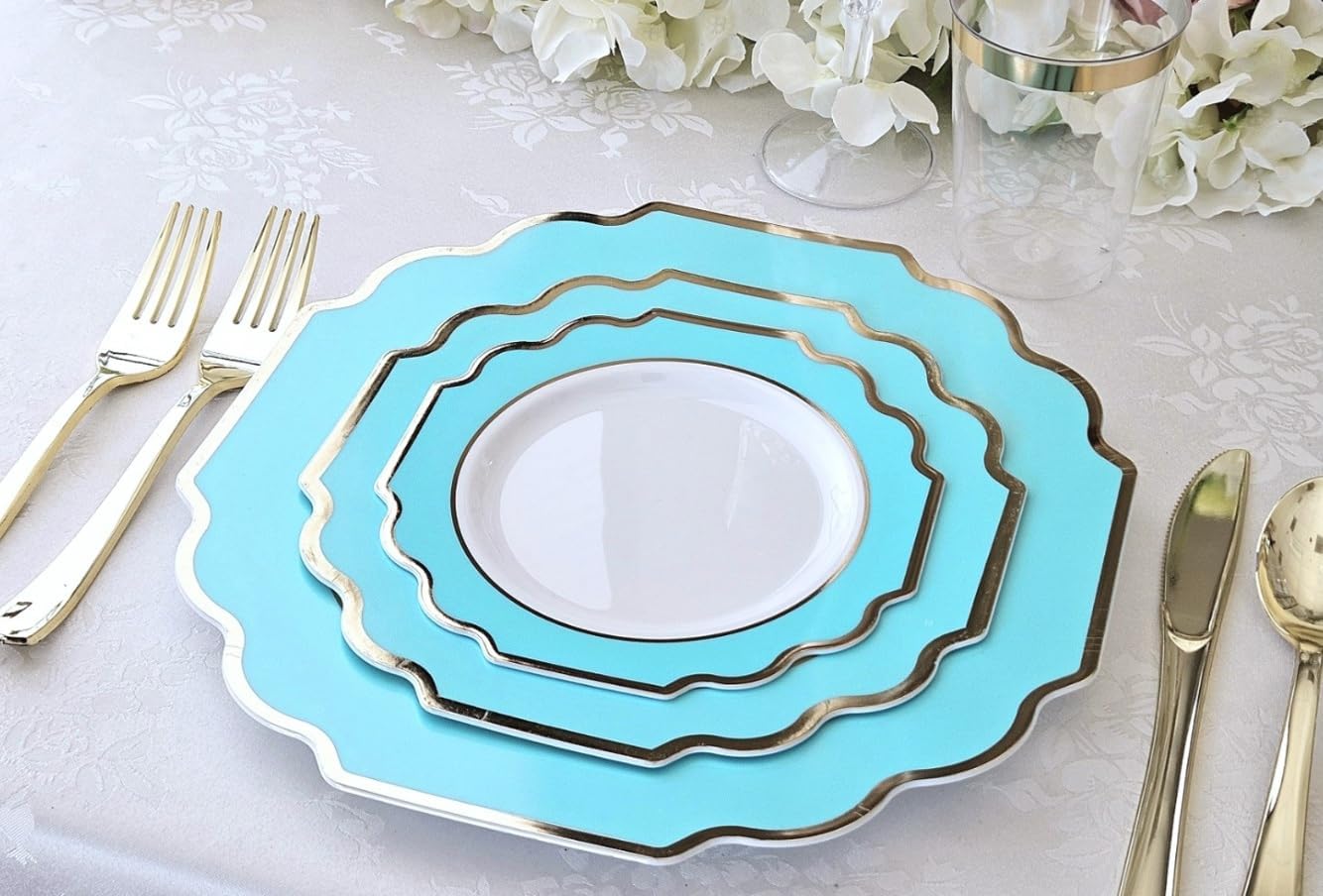 " OCCASIONS " 80 Plates Pack,(40 Guests) Heavyweight Premium Wedding Party Disposable Plastic Plates Set -40 x 10.5'' Dinner + 40 x 8'' Salad/Dessert (Imperial Aqua & Silver)