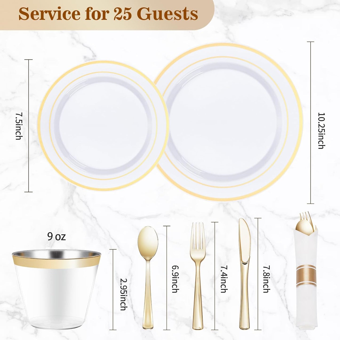 BESTVIP 175PCS Gold Plastic Dinnerware Set, Disposable Party Plates for 25 Guests, Include: 50 Plastic Plates, 25 Pre Rolled Napkins with Gold Silverware, 25 Cups for Christmas, Halloween