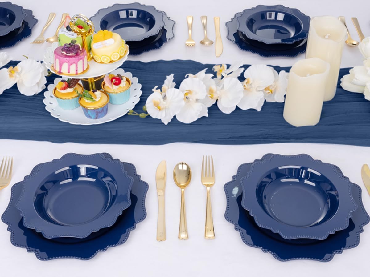 COLOSUS Navy Blue Plastic Party Bowls (60 Pack) 12 Oz Disposable Soup/Salad Bowl, Fancy Shatterproof Dinnerware for Catering, Holidays, Weddings, and Everyday Use