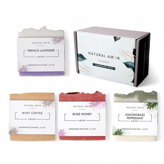 Natural Amor Handmade Soap Bar Set (4 Pack), Cold Process, Natural Ingredients Gift Box for Women, Moisturizing Body & Face Bars, Spa Self Care Gift