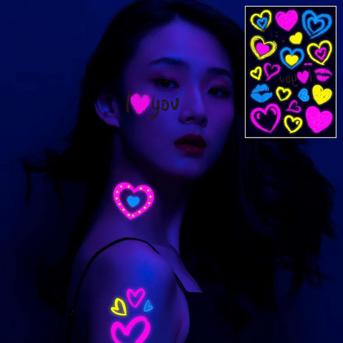 Neon Temporary Tattoos New Love Mixed Style Glitter Cupid Red Lips Heart Flower Glow In The Dark UV Neon Tattoos Stickers 60 Flash Fake Waterproof Tattoos for Women Girls Body Art