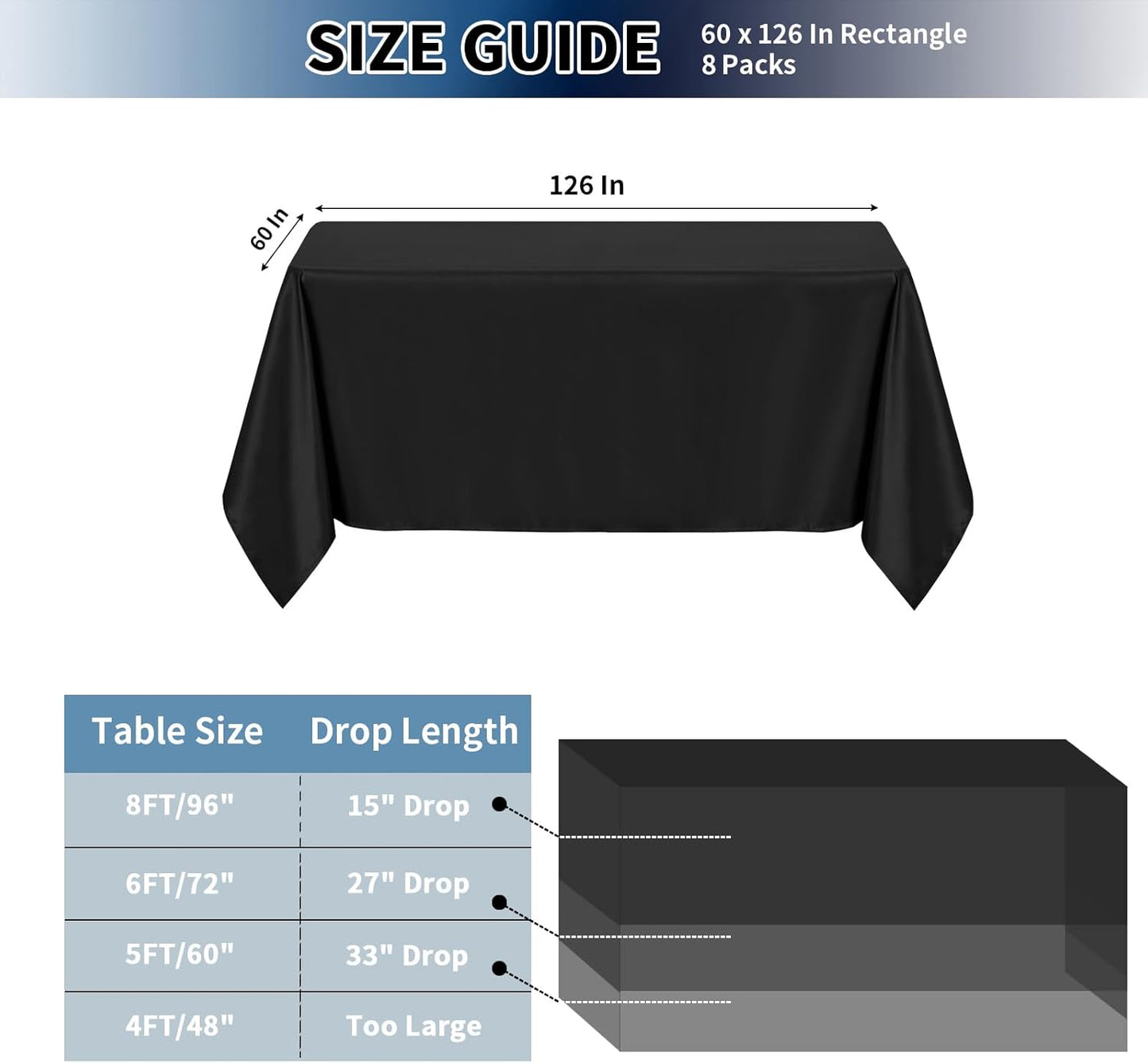 PureFit 8 Pack Rectangle Black Table Cloths 60 x 126 Inch for 6Ft Tables, Stain and Wrinkle Resistant Table Linens for Home Use, Wedding, Party, Banquet and Camping