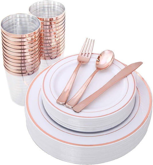 WELLIFE 150 Pcs Rose Gold Plastic Plates with Disposable Rose Gold Cutlery, Includes: 25 Dinner Plate 10.25", 25 Dessert Plates 7.5", 25 Cups 9OZ and 25 Silverware for Wedding