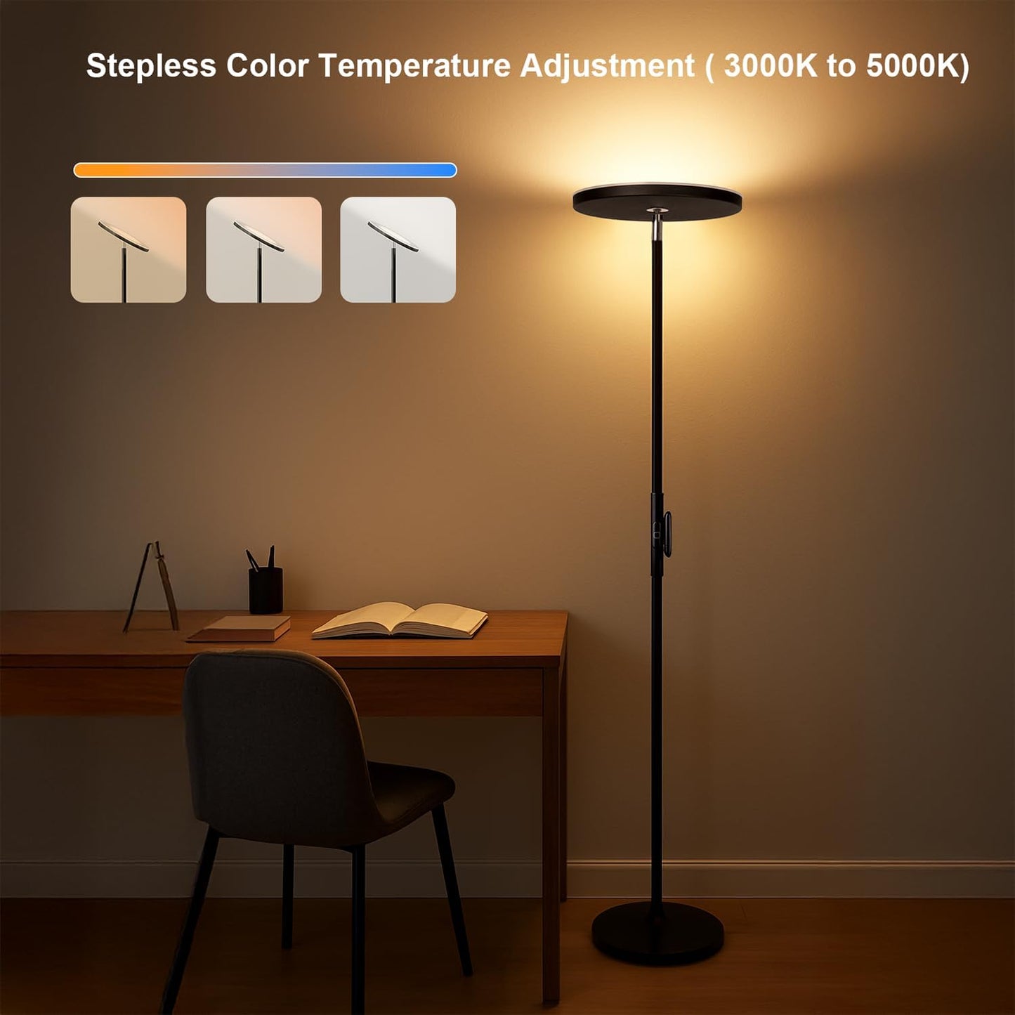 JOOFO Floor Lamp,30W/2400LM Sky LED Modern Torchiere 3 Color Temperatures Super Bright-Tall Standing Pole Light with Remote & Touch Control for Living Room,Bed Room,Office (Black)