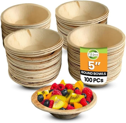 Raj Disposable Palm Leaf Bowls (100 Count, 5" Bowls) Strong Bowl Like Bamboo Party Bowl - Decorative Compostable Tableware for Lunch, Dinner, Birthday, Outdoor, BBQ, Picnic, Parties