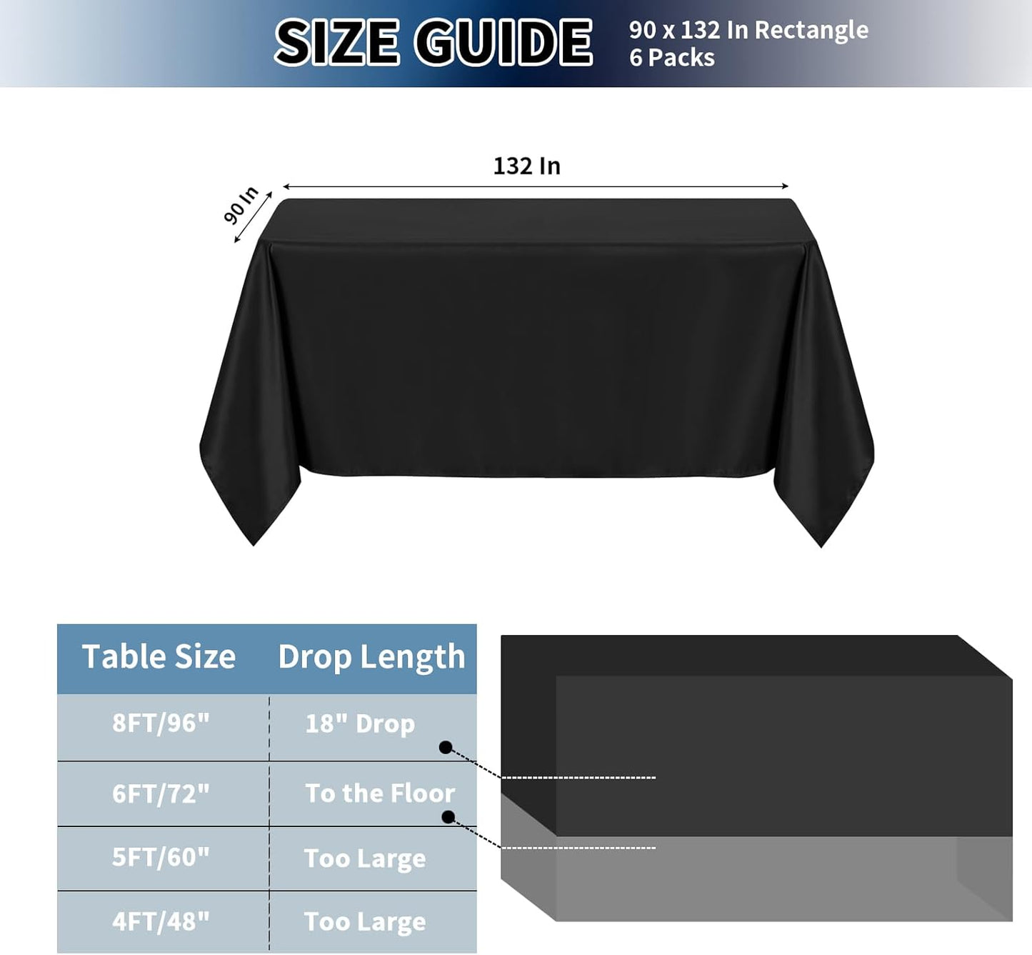 PureFit 6 Pack Rectangle Black Table Cloths 90 x 132 Inch for 8Ft Tables, Stain and Wrinkle Resistant Table Linens for Home Use, Wedding, Party, Banquet and Camping