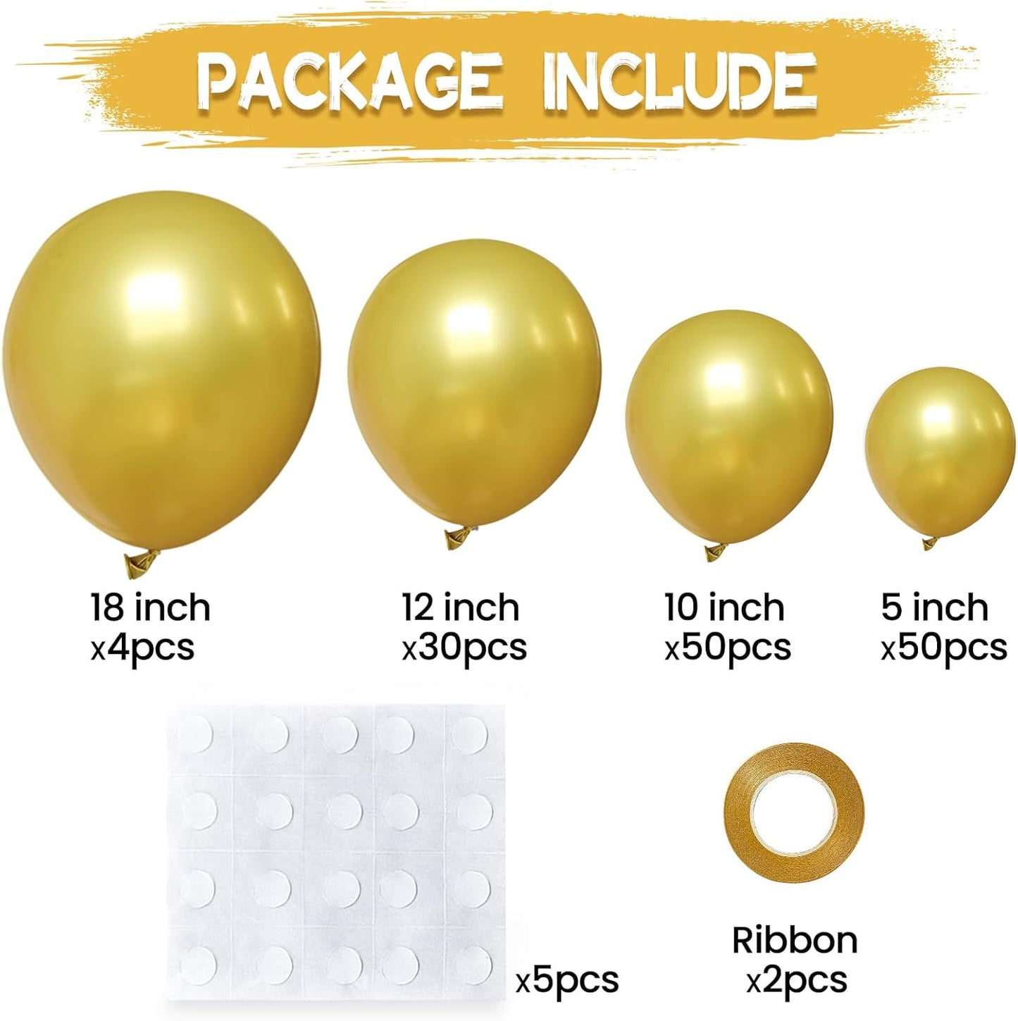 134Pcs Metallic Gold Balloons Different Sizes 5 10 12 18 Inch Chrome Gold Latex Balloon for Birthday Wedding Baby Shower.
