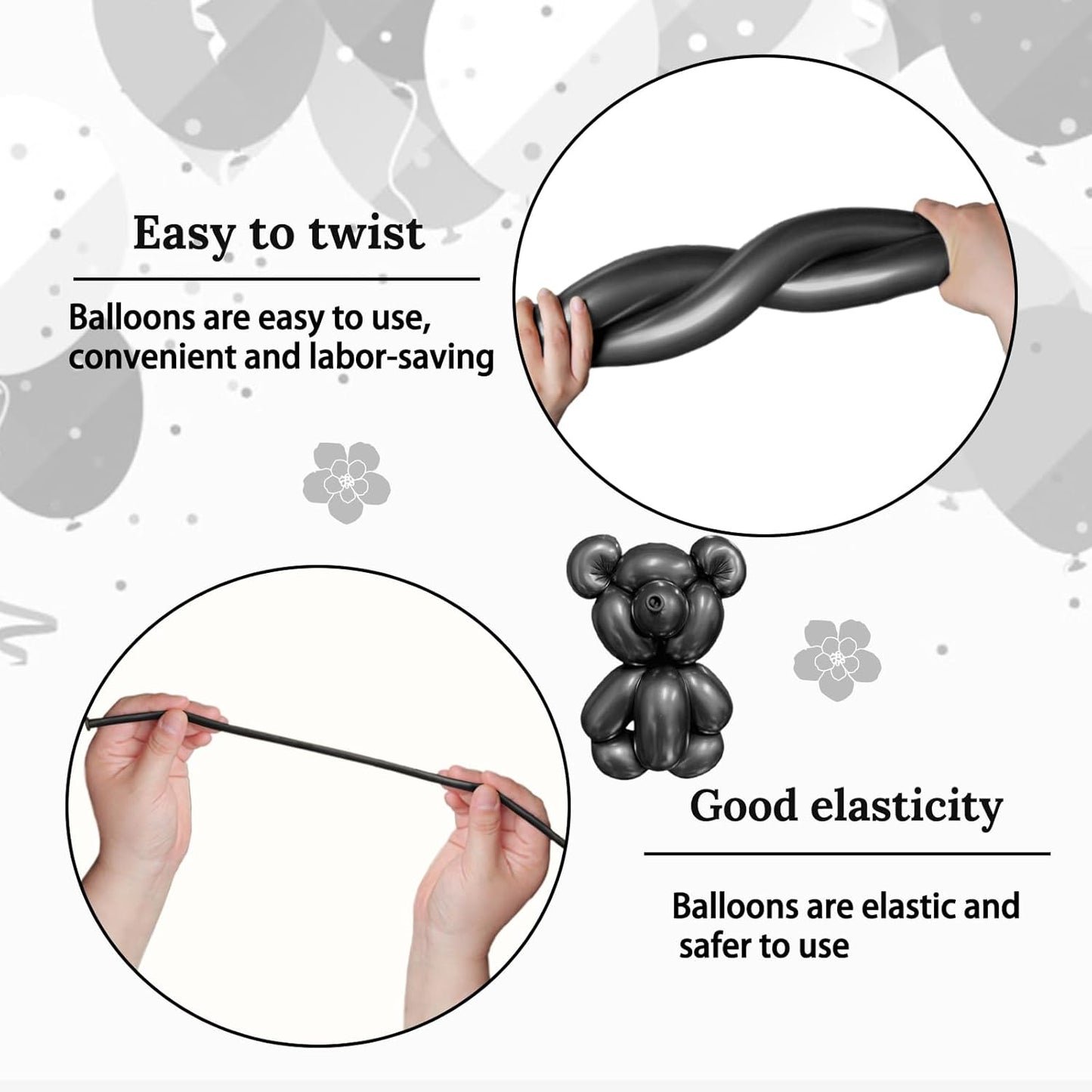 KAWKALSH 260 Metallic Black Long Balloons for Balloon Garland Thickening Skinny Latex Twisting Animals Modeling Christmas Birthday Wedding Party Festival Decorations 100pcs