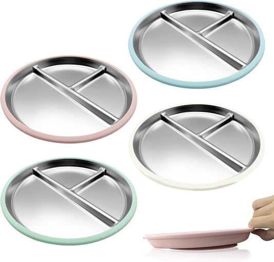 Stainless Steel Kids Plates with Suction (4 Pack, Multicolor) –9 Inch Divided Toddler Plates with Extra-Large One-Piece Silicone Suction Base | Dinner & Snack Plates | BPA-Free