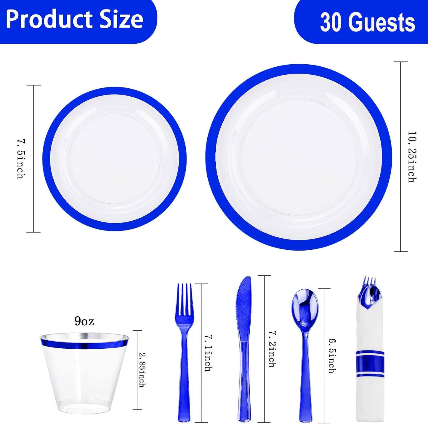 I00000 210 Pcs Dark Blue Plastic Plates, Clear Disposable Plates for 30 Guests, Blue Dinnerware Include 30 Dinner Plates 30 Dessert Plates, 30 Cups, 30 Pre Rolled Napkins with Cutlery Set for Party