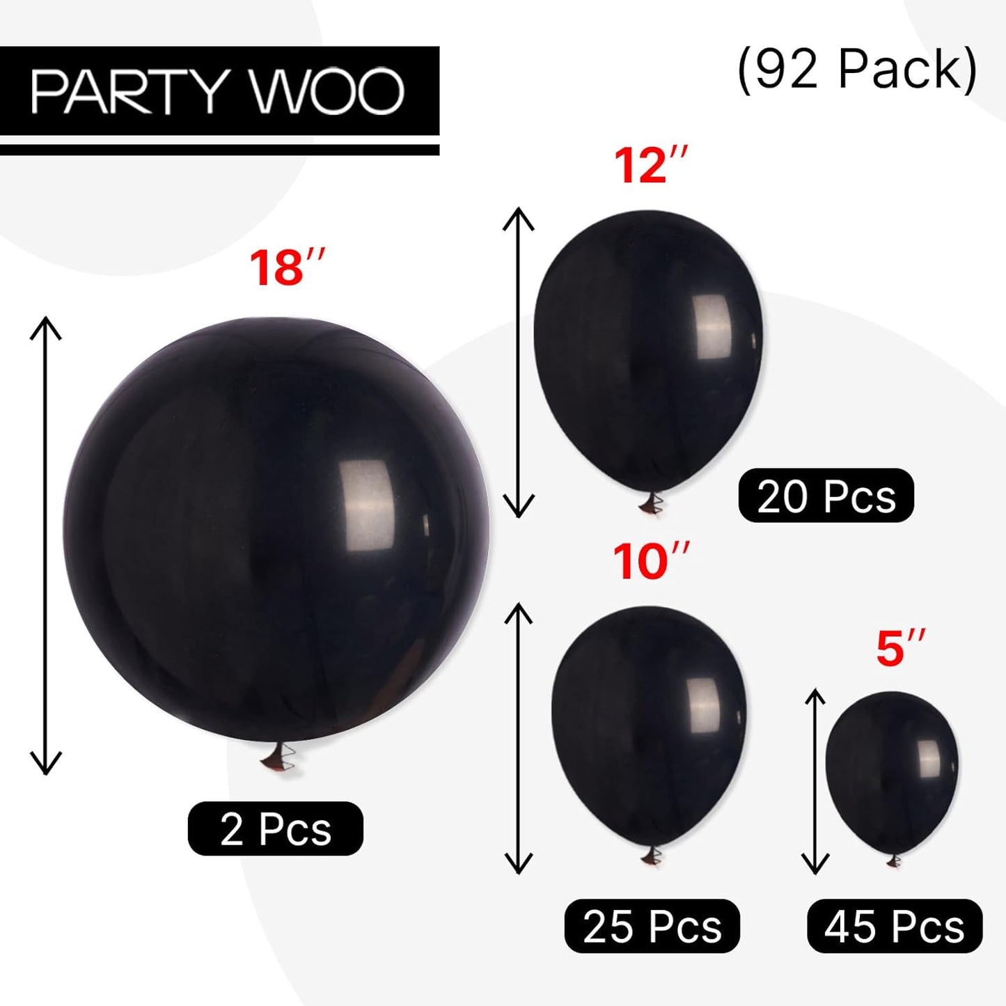 PartyWoo Black Balloons 92 pcs Different Sizes Pack of 18 12 10 5 Inch Matte Black Latex Balloon Arch Kit Garland for Graduation Halloween New Year Anniversary Birthday Party Decorations Black-Y18