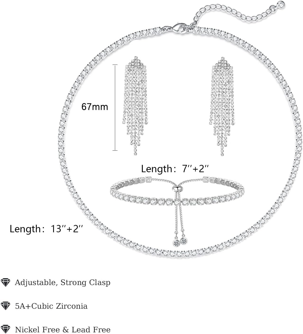 Tennis Necklace Bracelet for Women, Sterling Sliver, Dainty Chocker Necklace, Crystal Bracelet for Women, Wedding Jewelry for Bride, Sparkly Party Prom Hypoallergenic