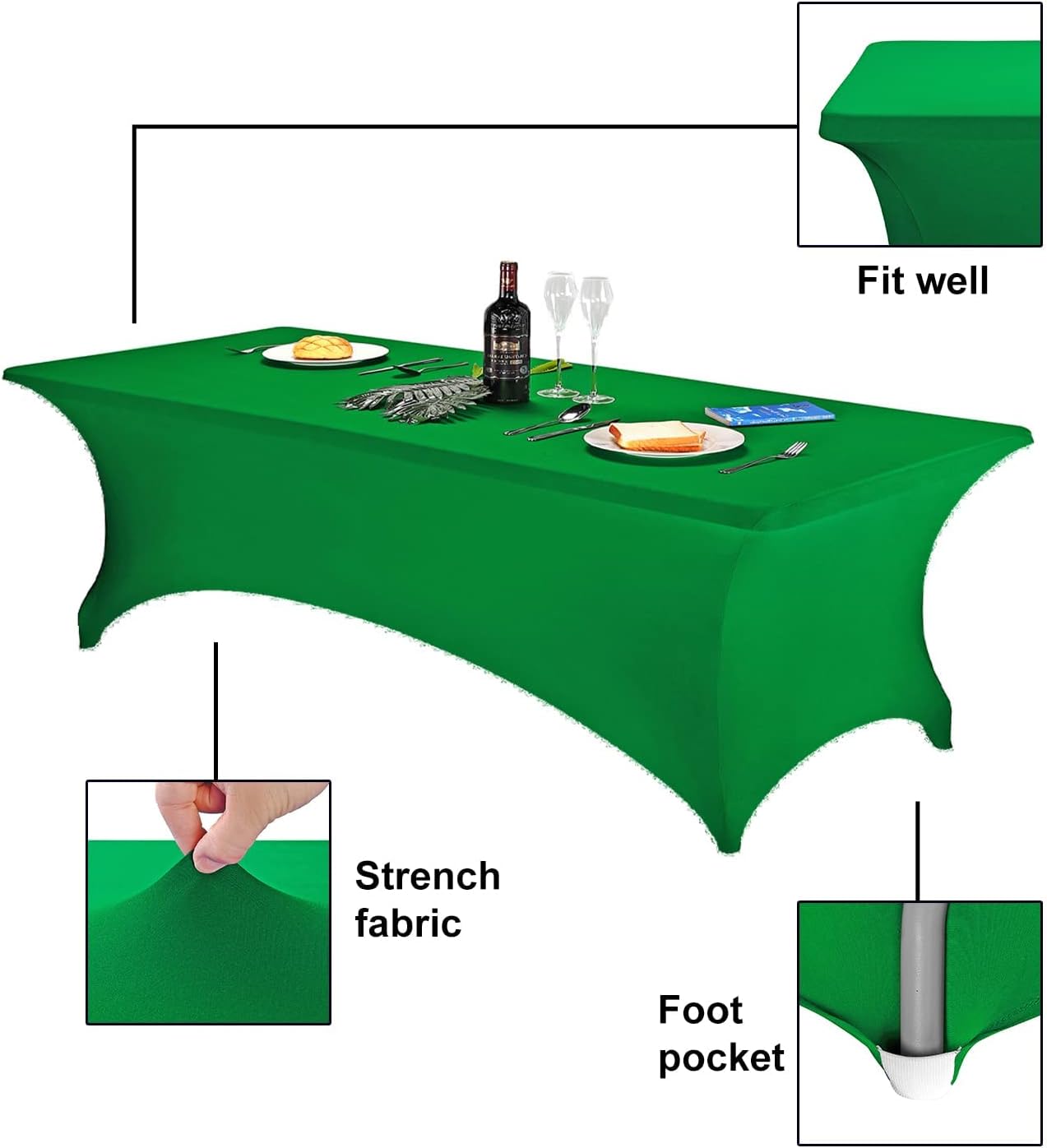FORLIFE 4Pack Spandex Table Covers，Fitted Tablecloth for Rectangular Tables, Stretch Patio Table Covers, Universal Spandex Table Cover for Wedding, Banquet, Party (8ft, Emerald)