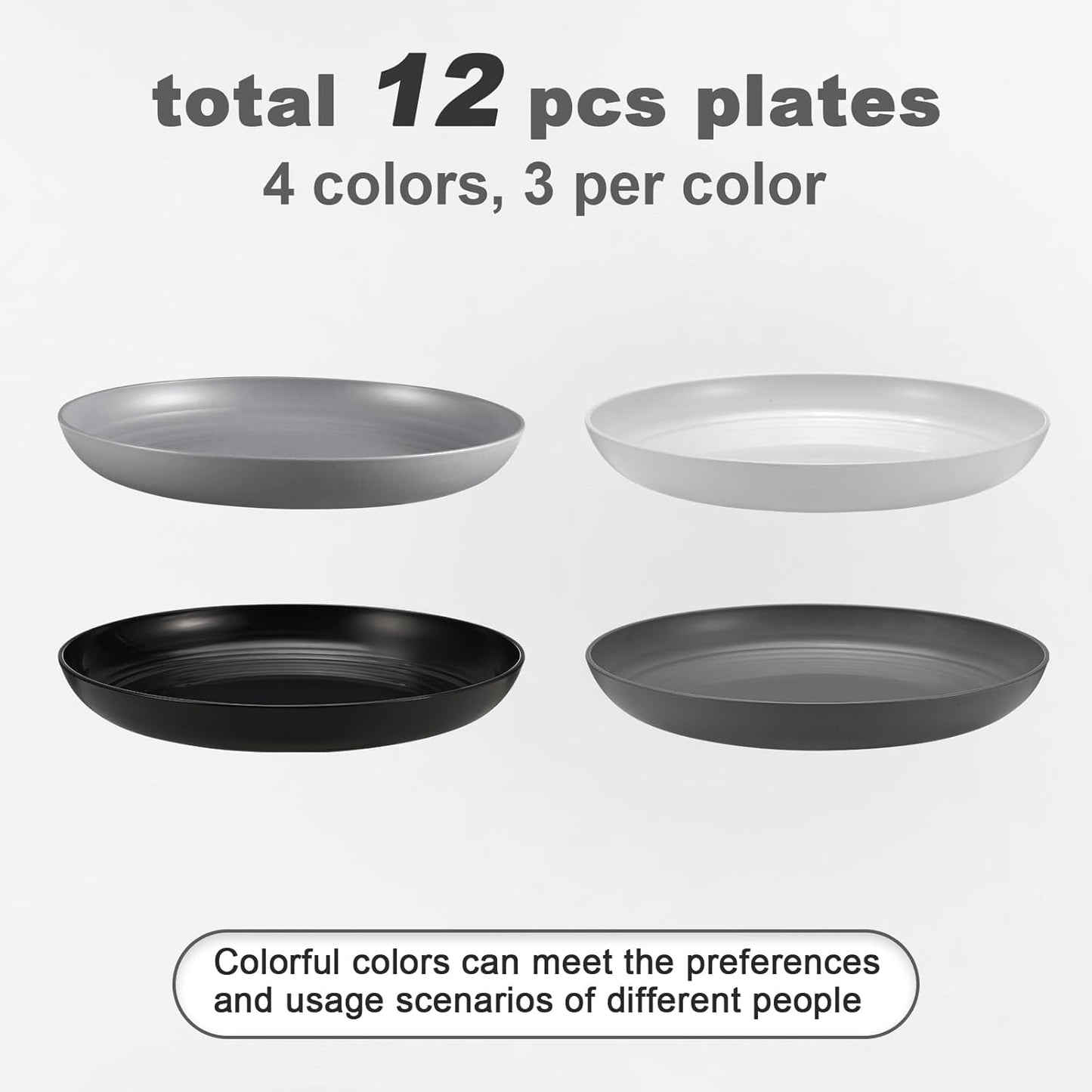 12 Pcs Unbreakable Deep Dinner Plates Set, 10 inch Reusable Plastic Wheat Straw Plates, Microwave and Dishwasher Safe Plate for Kitchen, Lightweight Plate for Dessert, BPA Free, 4 Colors
