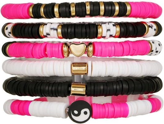 Friendship Bracelets for Women - Heishi Surfer Colorful Smile Evil Eye Clay Beaded Stretch Bracelets Elastic Layering - Stackable Boho Disc Y2K Aesthetic Summer Jewelry Set.