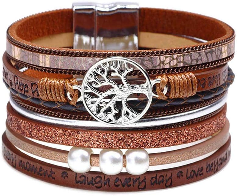 Fesciory Leather Wrap Bracelets for Women, Boho Leopard Multi-Layer Crystal Beads Cuff Bracelet Jewelry