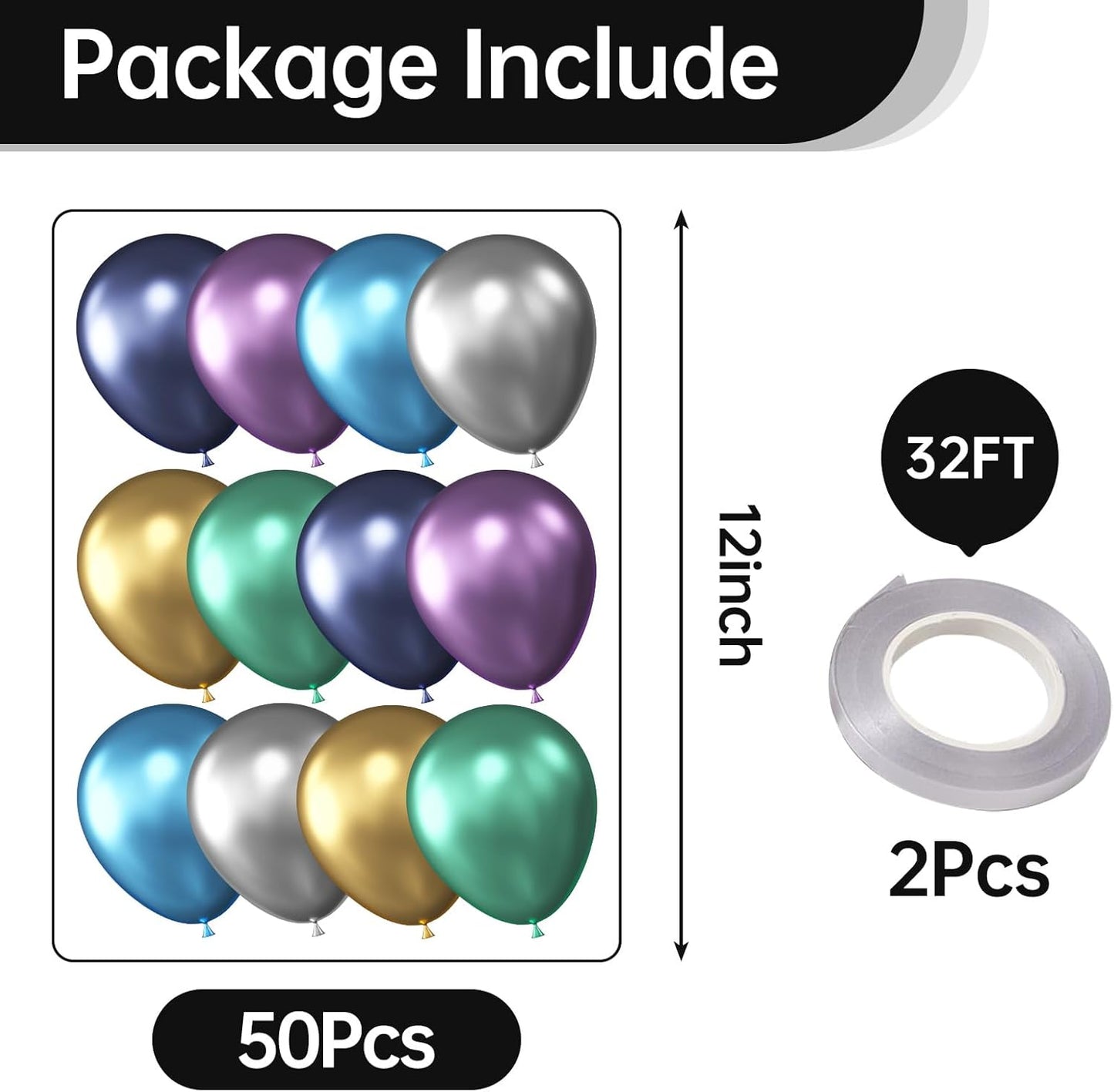 KALOR 12 Inch Metallic Multicolor Balloons, 50 Pcs Latex Helium Metallic Balloons for Kid's Birthday Party, Baby Shower, Wedding, Graduate Party Decorations