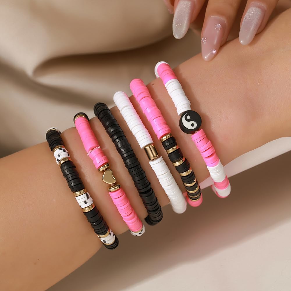 Friendship Bracelets for Women - Heishi Surfer Colorful Smile Evil Eye Clay Beaded Stretch Bracelets Elastic Layering - Stackable Boho Disc Y2K Aesthetic Summer Jewelry Set.