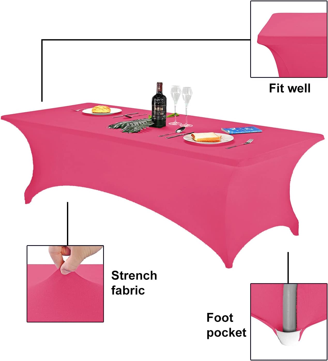 FORLIFE Spandex Table Covers，Fitted Tablecloth for Rectangular Tables, Stretch Patio Table Covers, Universal Spandex Table Cover for Wedding, Banquet, Party (8ft, Hot Pink)