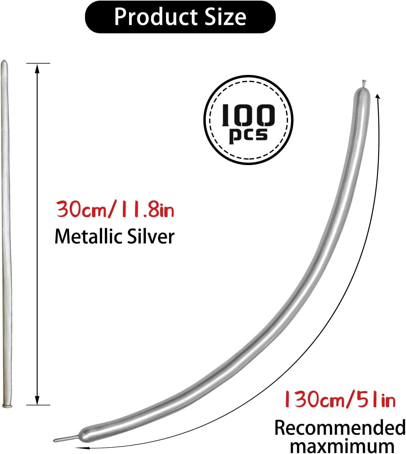 Silver Metallic 260 long Balloons 100 Pack Modeling Long Magic Balloons Shiny Latex DIY Animal Balloon for Birthday Wedding New Year Festival Party Decoration (Silver Twisting Balloons)