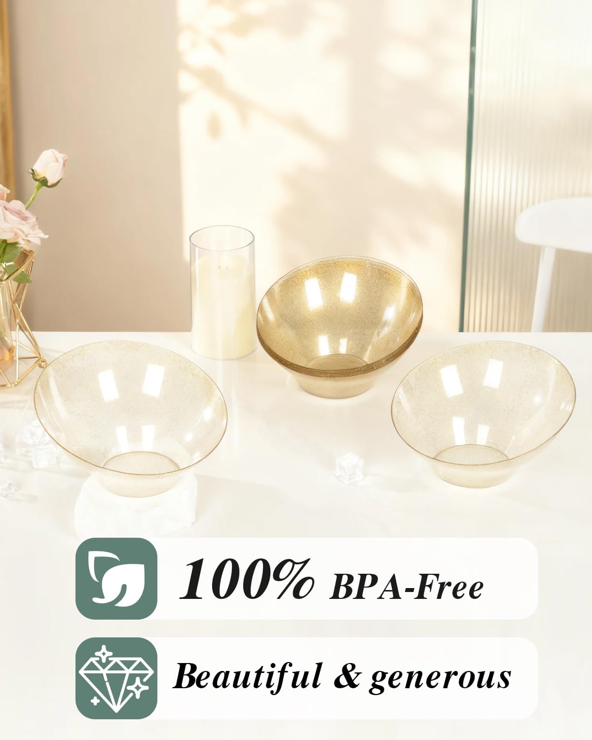 BESTVIP 20oz Clear with Gold Glitter Serving Bowls for Party - 12 Pack Angled Disposable Serving Bowls for Chips, Snacks, Fruit, Salad - Decorative Catering Bowls for Daily Use, Christmas